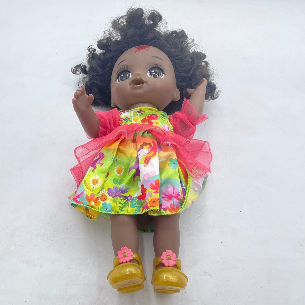 Baby Alive Doll Black Curly Hair Floral Unicorn Dress Yellow Glitter Shoes